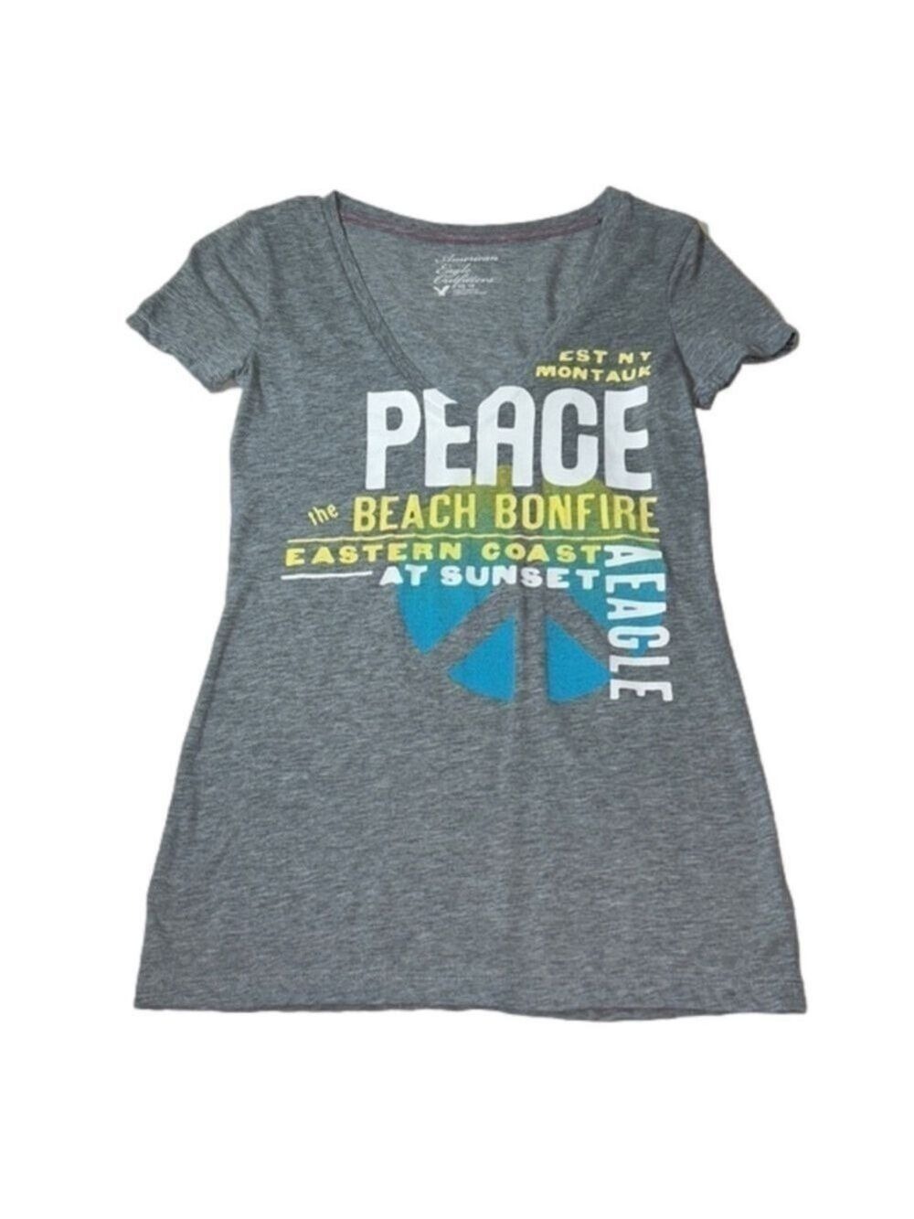AMERICAN EAGLE OUTFITTERS Gray V-Neck Peace Motiff Tee-Shirt Size XS. NWT!